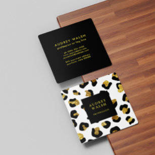Girly Glittery Gold White Leopard Print Luxus Quadratische Visitenkarte