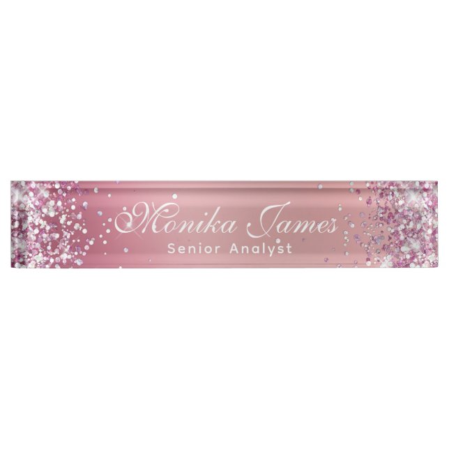 Girly Glittery Holographic Imitats Rose Gold Custo Namensplakette (Vorderseite)