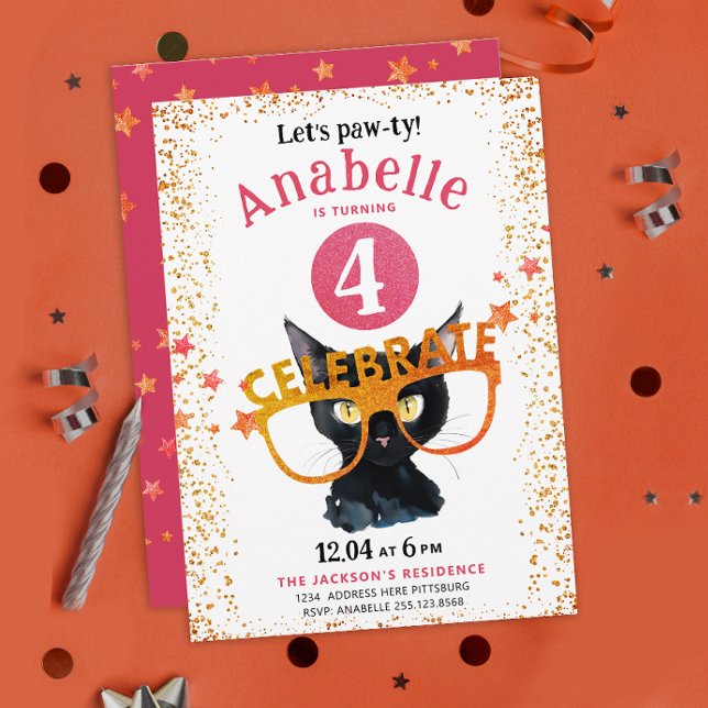 Girly Glittery Pink Orange Cat Pawty Watercolor Einladung (Von Creator hochgeladen)