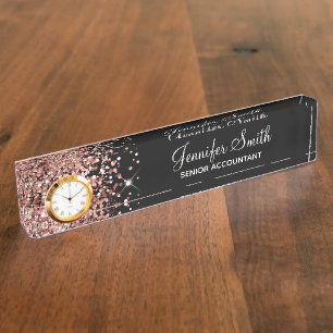 Girly Glittery Rose Gold Glam Black Namensplakette