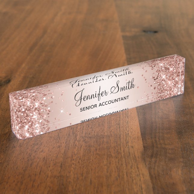 Girly Glittery Rose Gold Gradient Namensplakette (Seite)