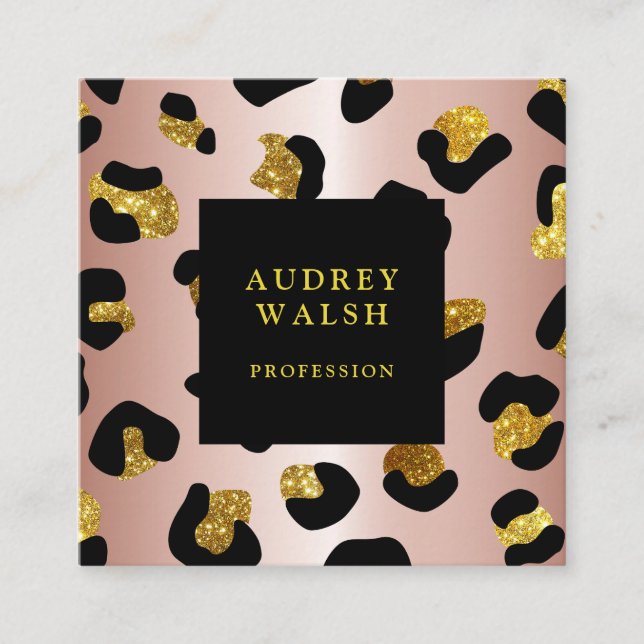 Girly Glittery Rose Gold Leopard Print Luxus Quadratische Visitenkarte (Vorderseite)