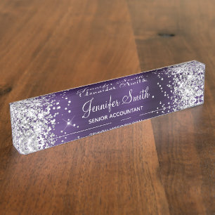 Girly Glittery Silver Dark Violet Foil Namensplakette