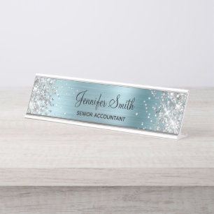 Girly Glittery Silver Imitate Light Blue Foil Schreibtischnamensplakette