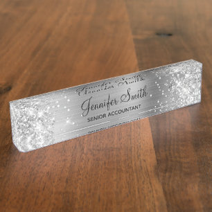 Girly Glittery Silver Imitats Foil Namensplakette