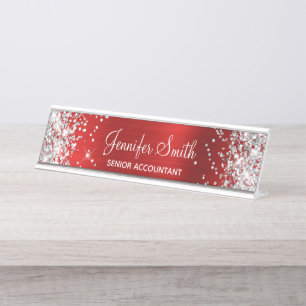 Girly Glittery Silver Imitats Ruby Red Foil Schreibtischnamensplakette