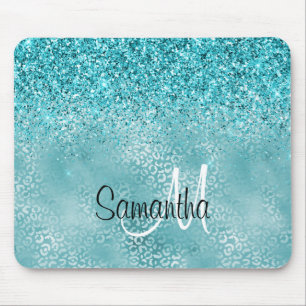 Girly Glitz Aqua Türkischer Glitzer Leopard Mousepad