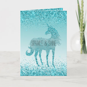 Girly Glitz Aqua Turquoise Glitter Unicorn Karte