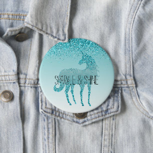 Girly Glitz Aqua Turquoise Glitzer Unicorn Button