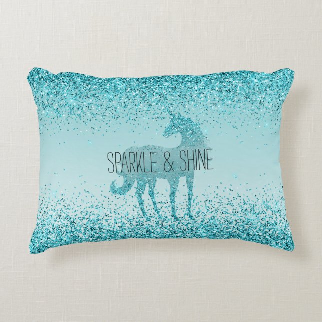 Girly Glitz Aqua Turquoise Glitzer Unicorn Dekokissen (Vorderseite)