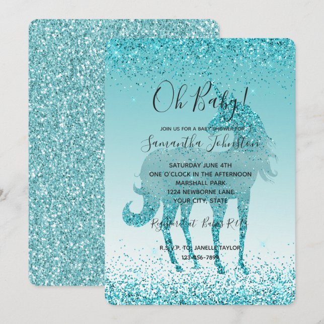 Girly Glitz Aqua Turquoise Glitzer Unicorn Einladung (Vorne/Hinten)