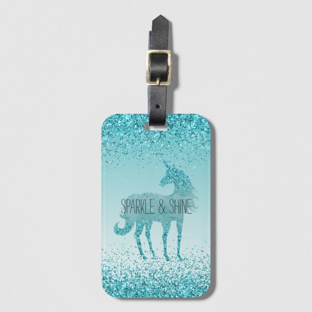 Girly Glitz Aqua Turquoise Glitzer Unicorn Gepäckanhänger (Vorderseite Vertikal)