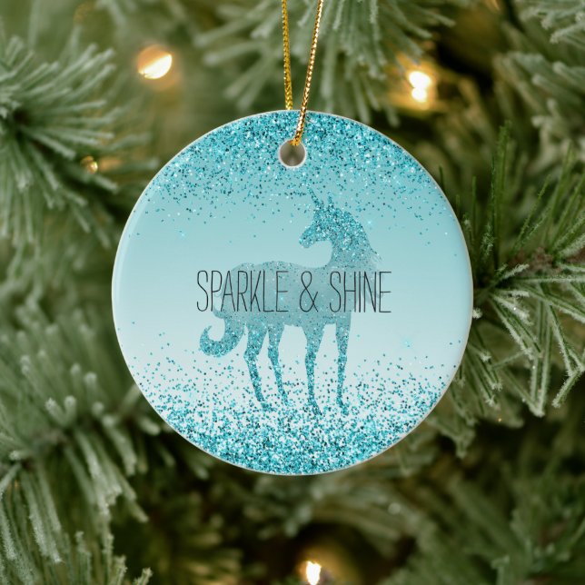 Girly Glitz Aqua Turquoise Glitzer Unicorn Keramik Ornament (Baum)