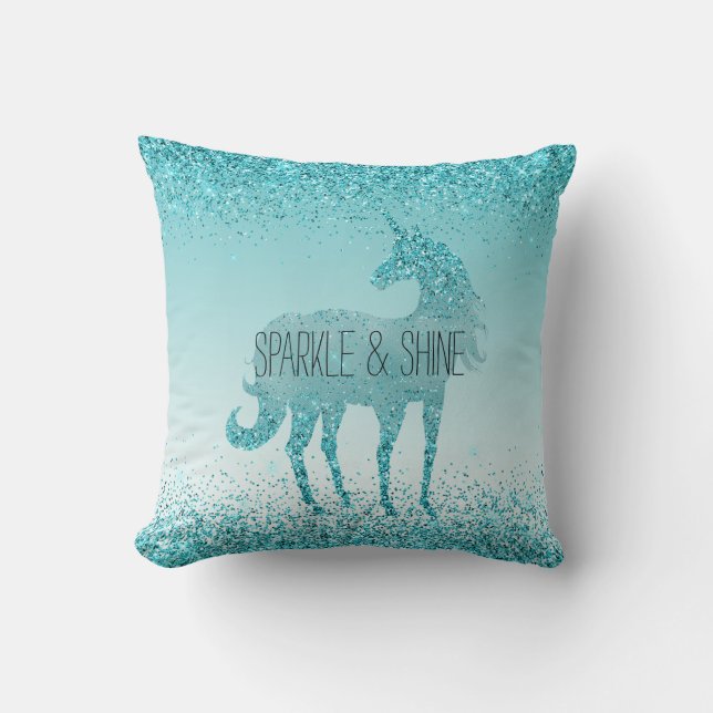 Girly Glitz Aqua Turquoise Glitzer Unicorn Kissen (Vorderseite)