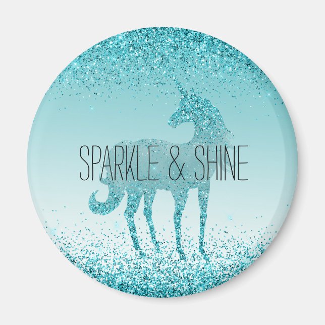 Girly Glitz Aqua Turquoise Glitzer Unicorn Magnet (Vorne)