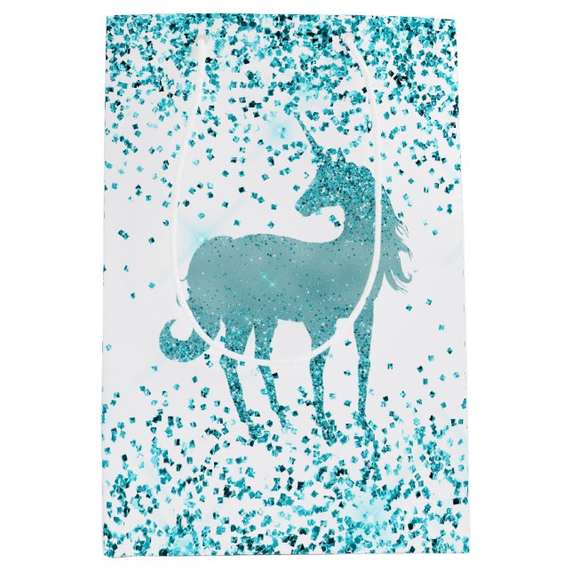 Girly Glitz Aqua Turquoise Glitzer Unicorn Mittlere Geschenktüte (Vorderseite)