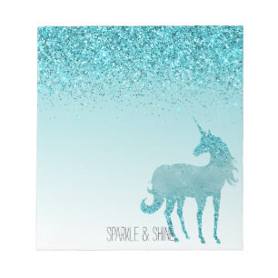 Girly Glitz Aqua Turquoise Glitzer Unicorn Notizblock