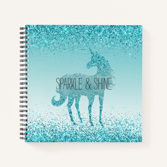 Girly Glitz Aqua Turquoise Glitzer Unicorn Notizbuch (Vorderseite)