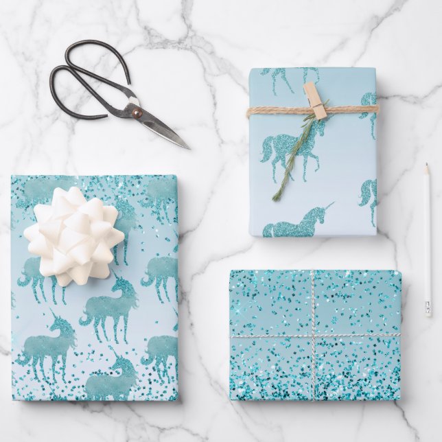 Girly Glitz Aqua Turquoise Glitzer Unicorn Ombre Geschenkpapier Set (Vorderseite)