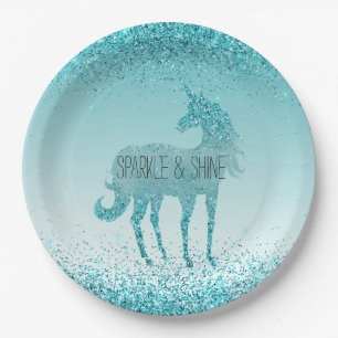 Girly Glitz Aqua Turquoise Glitzer Unicorn Pappteller