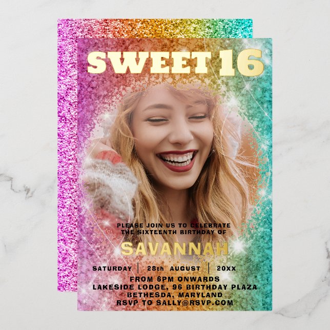 Girly Glitzer Colorful Sweet 16 Party Folieneinladung (Vorderseite/Rückseite)