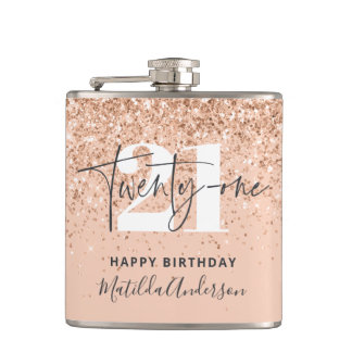 Girly Glitzer funkelt modern 21. Geburtstag Flachmann