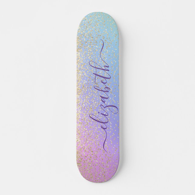 Girly Glitzer Gold Confetti Personalisiert Rainbow Skateboard (Vorne)