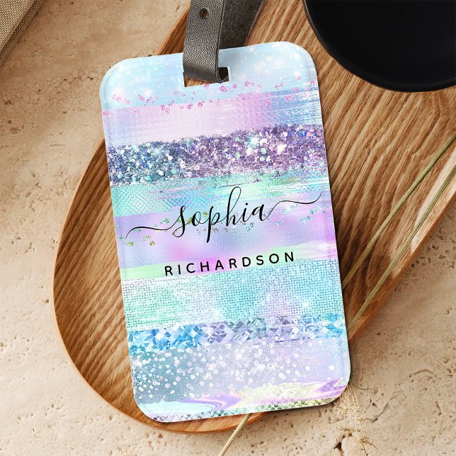 Girly Glitzer Imitats Holographic | Rosa Blau Lila Gepäckanhänger (A glam, faux holographic look luggage tag)