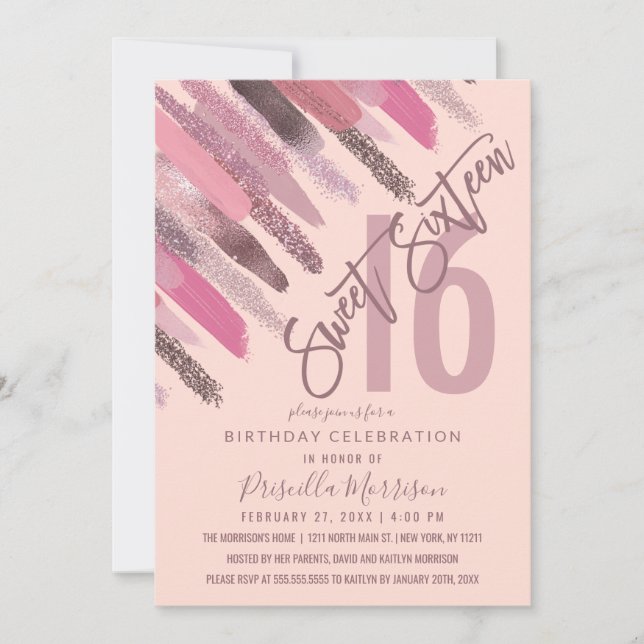 Girly Glitzer Paint Brushstrokes Pink Sweet 16 Einladung (Vorderseite)