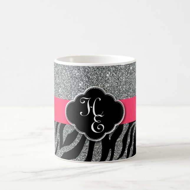 Girly Glitzer Silver Pink Zebra Ihre Initialen hin Kaffeetasse (Mittel)