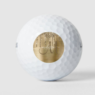 Girly Gold Brushed Metal Dripping Glitzer Name Golfball