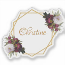 Girly Gold Burgundy Peonies Name Floral Geometric