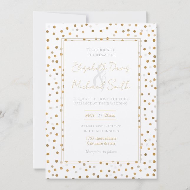 Girly Gold Dots Confetti White Design Einladung (Vorderseite)