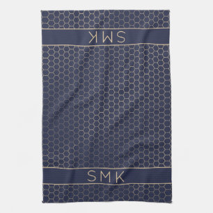 Girly Gold Foil Navy Blue Geometric Monogram Geschirrtuch