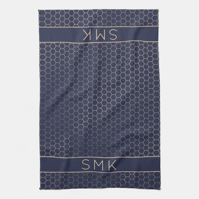 Girly Gold Foil Navy Blue Geometric Monogram Geschirrtuch (Vertikal)