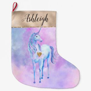 Girly Gold Glam Lila Unicorn Großer Weihnachtsstrumpf