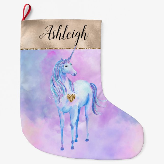 Girly Gold Glam Lila Unicorn Großer Weihnachtsstrumpf (Vorderseite)