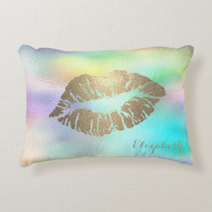 Girly Gold Glitter Lippen Holografisch Irisierend Dekokissen