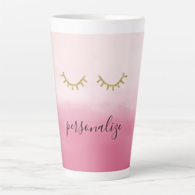 Girly Gold Glitz Eyelashes Pink Ombre Milchtasse (Vorderseite)