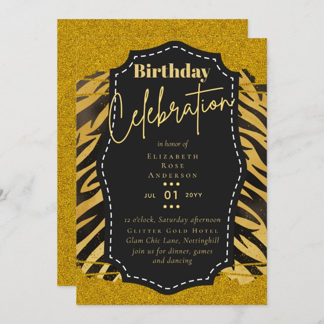 Girly Gold Glitzer Animal Print Birthday JEDES Alt Einladung (Vorne/Hinten)