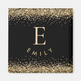 Girly Gold Glitzer Black Monogram Initial Name Magnet