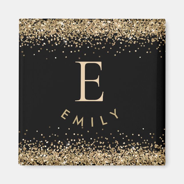 Girly Gold Glitzer Black Monogram Initial Name Magnet (Vorne)