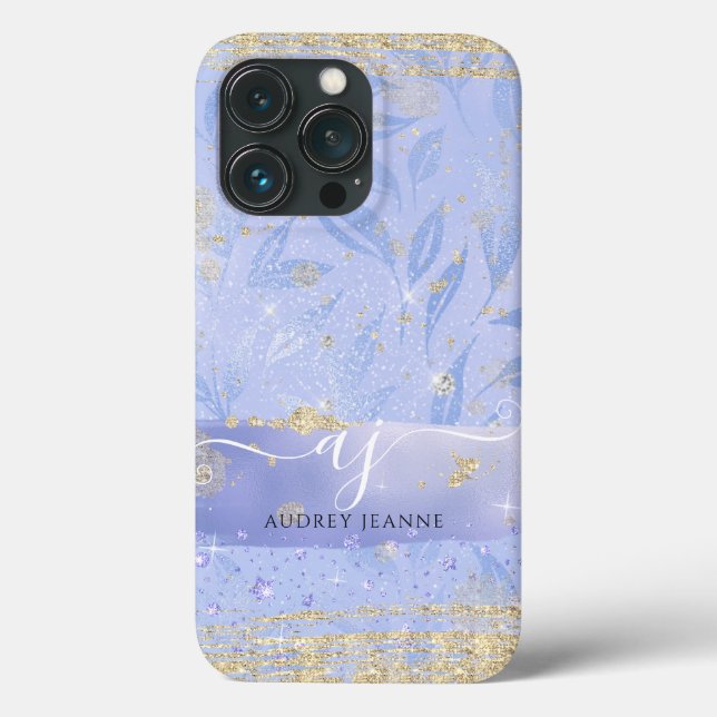 Girly Gold Glitzer Blue Jewel Foliage Name Case-Mate iPhone Hülle (Rückseite)
