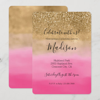 Girly Gold Glitzy Sparkle Glitzer Pink Ombre Einladung