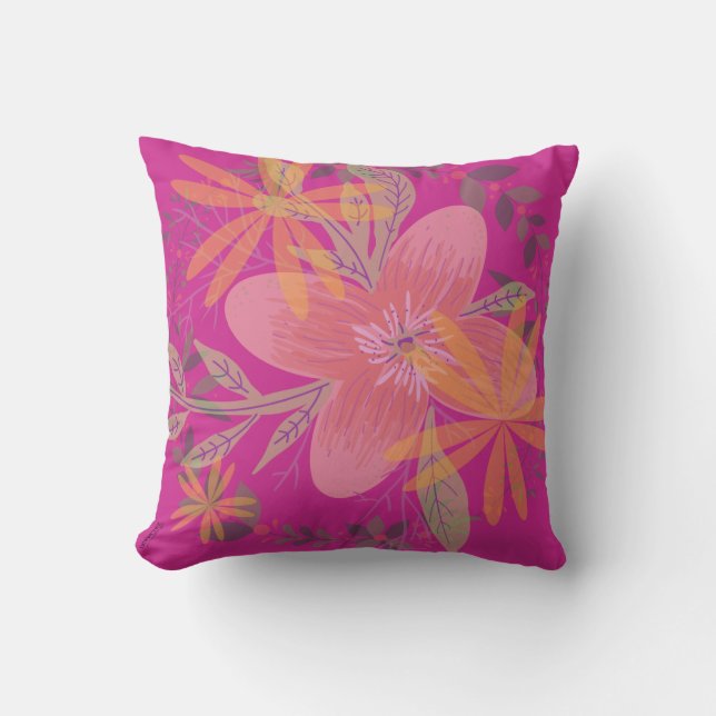 Girly Gold Leaf Fuchsia Blume Kissen (Vorderseite)