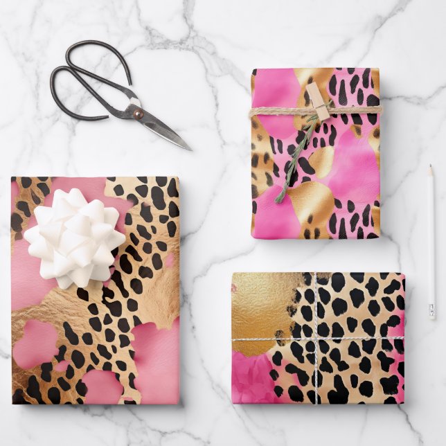 Girly Gold Pink Leopard Geschenkpapier Set (Vorderseite)