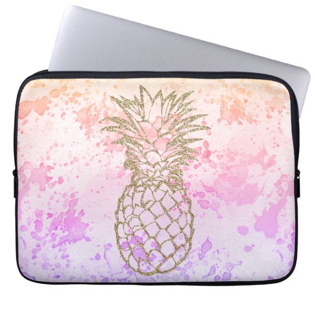 Girly Goldananas-Rosa-Aquarell-Laptop-Hülse Laptopschutzhülle (Vorderseite)