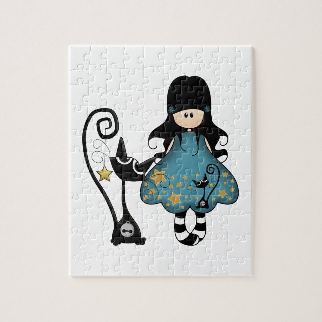 Girly Goth Mädchen mit schwarzer Katze Puzzle (Vertikal)