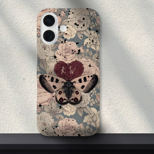 Girly Gothly Butterfly Moth Rose Grunge Monogramm iPhone 16 Hülle