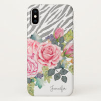 Girly graue Zebra-Druckchic-Rosa-Rosen mit Namen